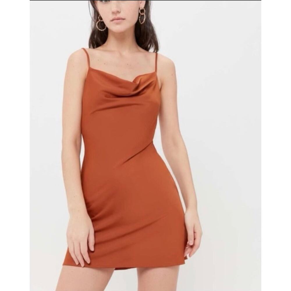 Urban Outfitters Mallory Satin Mini Dress Cowl Neck in Rust Size Medium